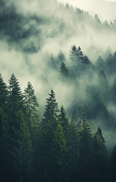 Generativa AI Misty floresta de abeto bela paisagem em hipster vintage estilo retro montanhas nebulosas