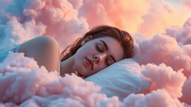 Generativa AI mujer joven están durmiendo rodeados de esponjosas nubes de algodón rosa en el cielo