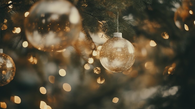 Generativa AI Natal e bolas de ano novo em fundo desfocado feriados conceito de temporada de inverno festivo fundo