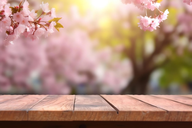 Generativa AI Serenidad de primavera Flor de cerezo Delicia en una mesa de madera en el huerto en flor