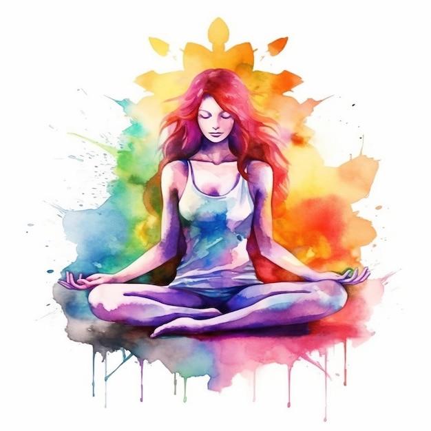 Generativa AI Silhueta de mulher em postura de ioga aquarela ilustração desenhada à mão Chakras de posição de lótus em meditação