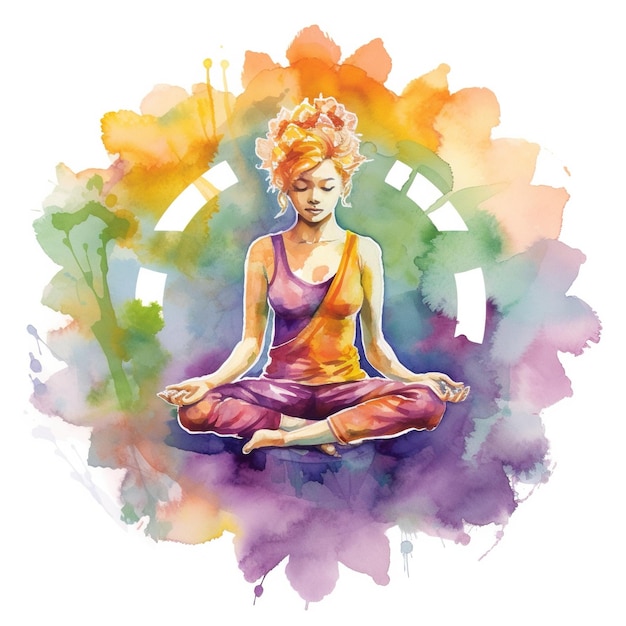 Generativa AI Silhueta de mulher em postura de ioga aquarela ilustração desenhada à mão Chakras de posição de lótus em meditação