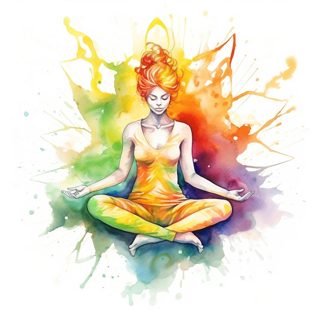 Generativa AI silueta de mujer en postura de yoga acuarela ilustración dibujada a mano posición de loto chakras en la meditación