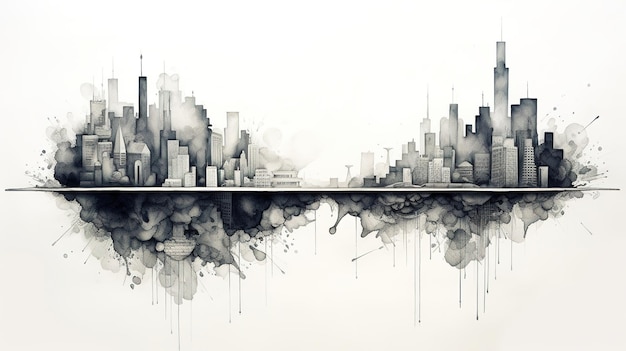 Generativa AI Tinta preta e aquarela paisagem urbana ilustração surreal monocromática esboço