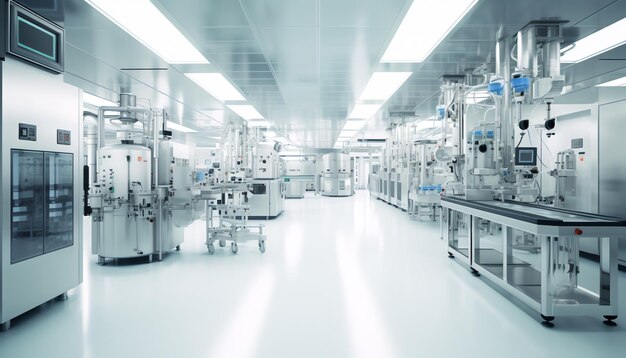 Generativa AI Wide Shot Dentro de la producción avanzada de semiconductores Fab Sala limpia con cabeza de trabajo