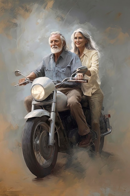 Generative Abbildung eines alten Paares, das auf einem klassischen Motorrad fährt, mit einem Hintergrund in Pastellfarben
