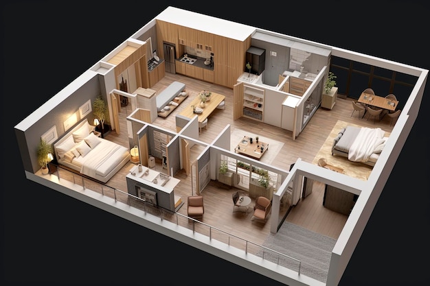 Generative AI 3D-Bodenplan-Illustration eines Hauses mit 3 Schlafzimmern, Wohnzimmer, Küche, Waschzimmer und Badezimmer
