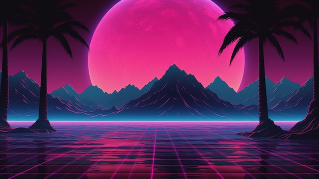 Generative AI 80s retro futurista scifi nostálgico 90s Noche y atardecer colores neón cyberpunk