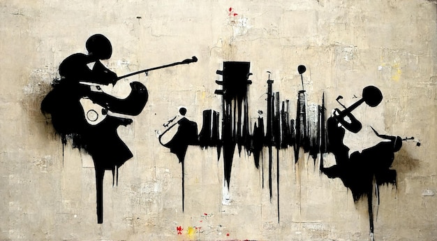 Generative AI Abstract Street Art mit Schlüsseln und Silhouetten von Musikinstrumenten