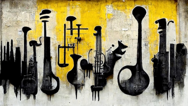 Generative AI Abstract Street Art mit Schlüsseln und Silhouetten von Musikinstrumenten