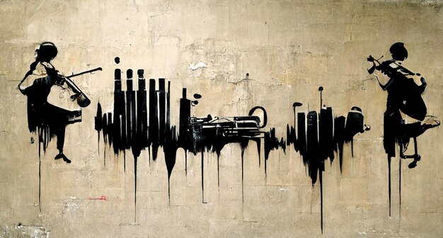 Generative AI Abstract Street Art mit Schlüsseln und Silhouetten von Musikinstrumenten