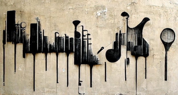 Foto generative ai abstract street art mit schlüsseln und silhouetten von musikinstrumenten