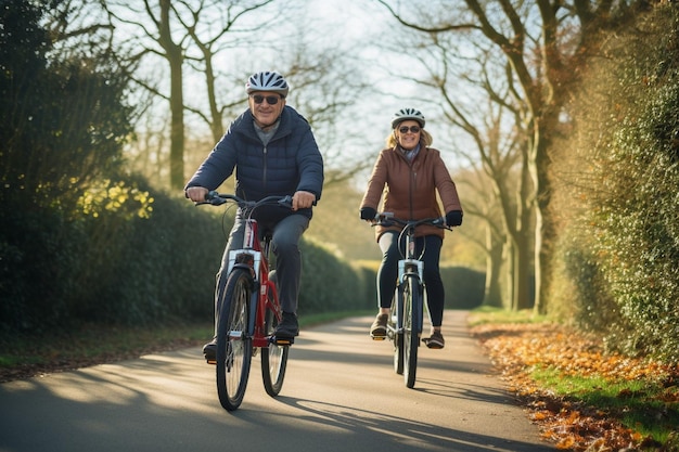 Generative AI Alegre casal sênior ativo com bicicleta no parque público juntos se divertindo