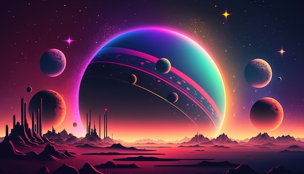 Generative AI Alien Planet Landschaft Psychedelic Space Banner Vorlagenhintergrund