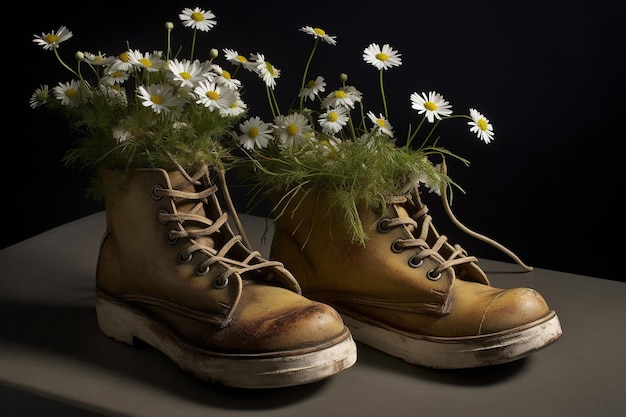 Generative AI Alter Stiefel mit Wiesenfrühlingsblumen, handgefertigter Schuhpflanzer