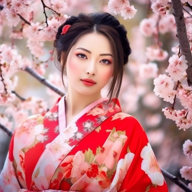 Generative ai Asiatisches Mädchen, traditioneller Kimono und Kirschgarten