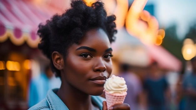 Generative AI attraktive junge schwarze Frau genießt Eis in einem Freizeitpark