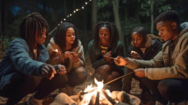 Generative AI Black Friends Assando Marshmallows e Comendo S'mores