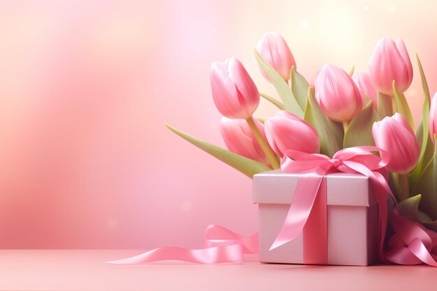 Generative ai Bouquet de tulipas e caixa de presente em fundo rosa