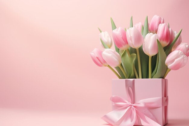 Generative ai Bouquet de tulipas e caixa de presente em fundo rosa