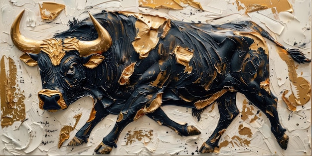 Generative AI Bull impasto gemalte Illustration in Schwarz und Gold, die den Trend des Finanzmarktes darstellt