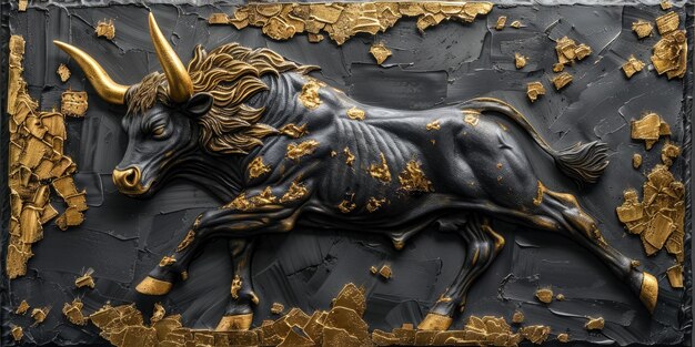 Generative AI Bull impasto gemalte Illustration in Schwarz und Gold, die den Trend des Finanzmarktes darstellt