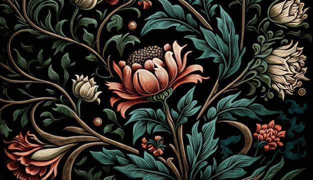 Generative AI Buntes Blumenmuster William Morris inspirierte natürliche Pflanzen und Blumen Hintergrund