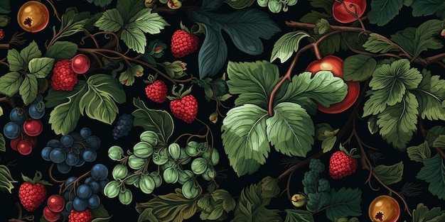 Generative AI Buntes Blumenmuster William Morris inspirierte natürliche Pflanzen und Blumen Hintergrund