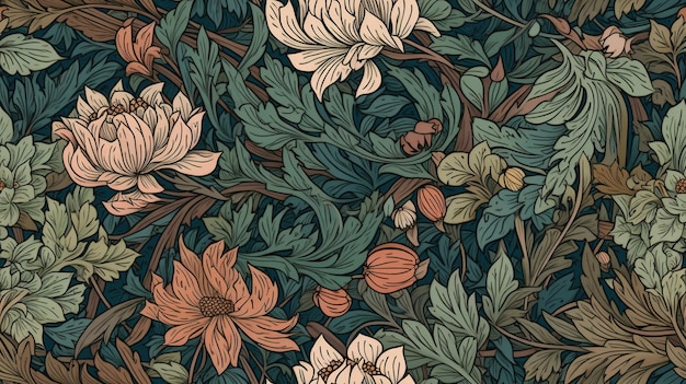 Generative AI Buntes Blumenmuster William Morris inspirierte natürliche Pflanzen und Blumen Hintergrund