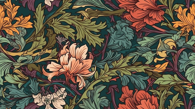 Generative AI Buntes Blumenmuster William Morris inspirierte natürliche Pflanzen und Blumen Hintergrund