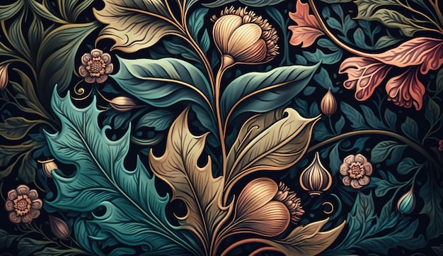 Generative AI Buntes Blumenmuster William Morris inspirierte natürliche Pflanzen und Blumen Hintergrund