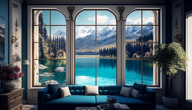 Generative AI captura uma bela imagem de um lago azul de dentro de uma villa