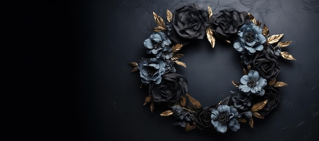 Generative AI Close up coroa de flores florescendo canteiros de flores pretas incríveis em sombrio humor