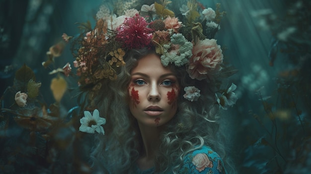 Generative AI criou este retrato surreal de uma mulher em um capacete de flores em meio a uma floresta surreal