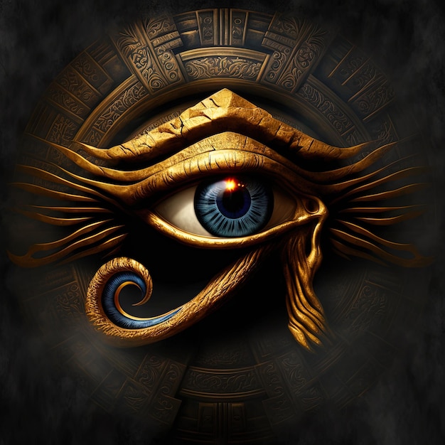 Generative AI das goldene Auge des Horus mit goldenem Effekt auf schwarzem Hintergrund Darstellung des Sonnenauges oder des Auges von Ra Symbol des altägyptischen Sonnengottes