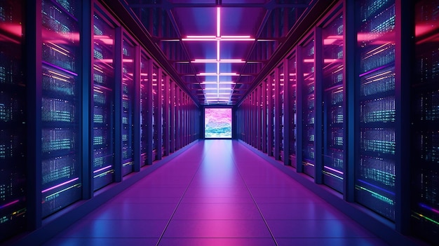 Generative AI Data Center moderna sala de servidores de alta tecnologia em cores neon roxas Modernas telecomunicações computação em nuvem banco de dados de inteligência artificial