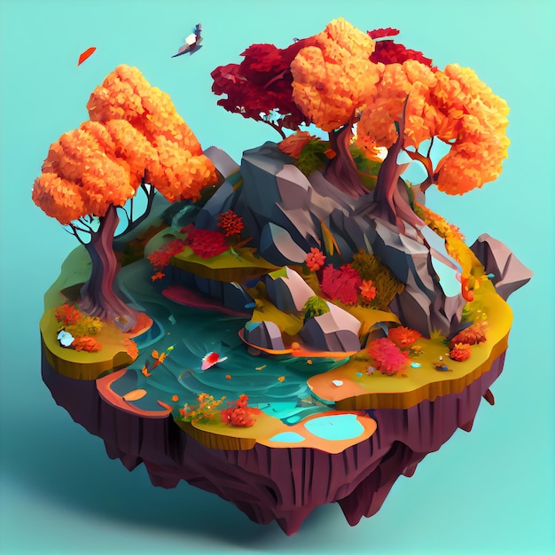 Generative ai der isometrischen Diorama-Insel der Herbstsaison