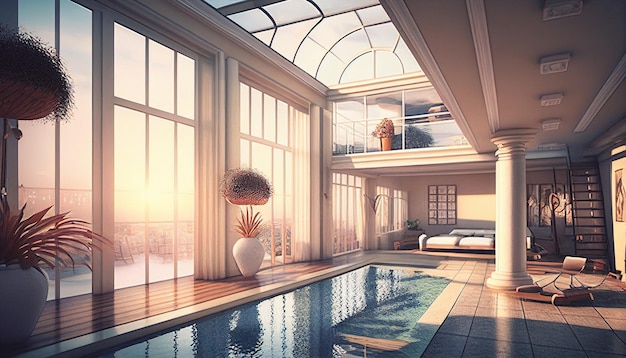 Generative AI deslumbrante terraço de cobertura de luxo com piscina