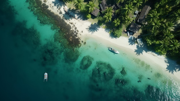 Generative AI Droneseye vista oferecendo um vislumbre de um pintoresco aglomerado de ilhas com palmeiras balançando lagunas escondidas e ecossistemas marinhos vibrantes prosperando nas águas claras fotorrealista