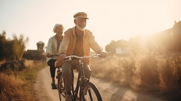 Generative AI é usado por um casal de idosos jovem e jovial para desfrutar de uma atividade ao ar livre enquanto anda de bicicleta