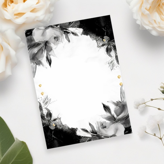 Generative ai elegante Schwarz-Weiß-Hochzeitseinladung mit floralen Details