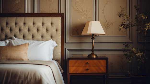 Generative AI Entspannendes Schlafzimmer-Detail des Bettes mit natürlichen Leinen-Textur-Bettwäsche gedämpfte neutrale ästhetische Farben