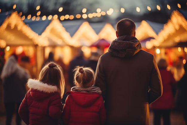 Generative AI Familie verbringt Zeit auf dem traditionellen Weihnachtsmarkt am Winterabend