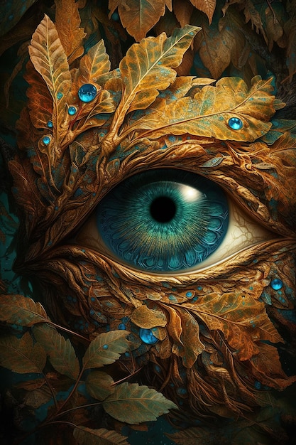 Generative AI Fascinante close-up de um olho alienígena de cor azul claro e dourado
