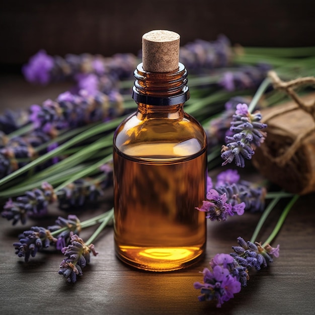 Generative ai Flasche und Blumen mit ätherischem Lavendelöl. Hochwertige Illustration