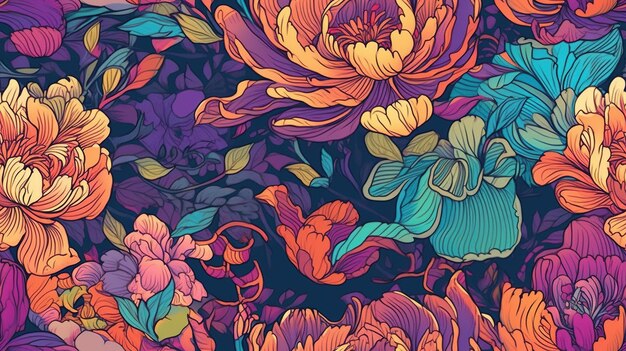 Generative AI Floral padrão colorido sem costura Lisa Frank e James Jean inspiraram plantas naturais