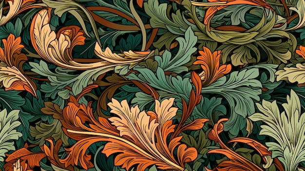 Generative AI Floral padrão colorido William Morris inspirou plantas e flores naturais