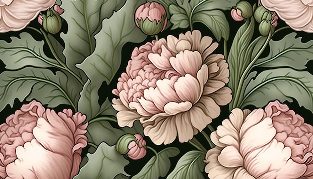 Generative ai floral padrão colorido william morris inspirou plantas naturais e flores de peônia rosa