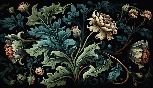 Generative AI Floral padrão colorido William Morris inspirou plantas naturais e fundo de flores