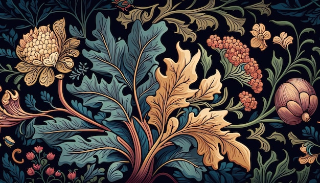 Generative AI Floral padrão colorido William Morris inspirou plantas naturais e fundo de flores
